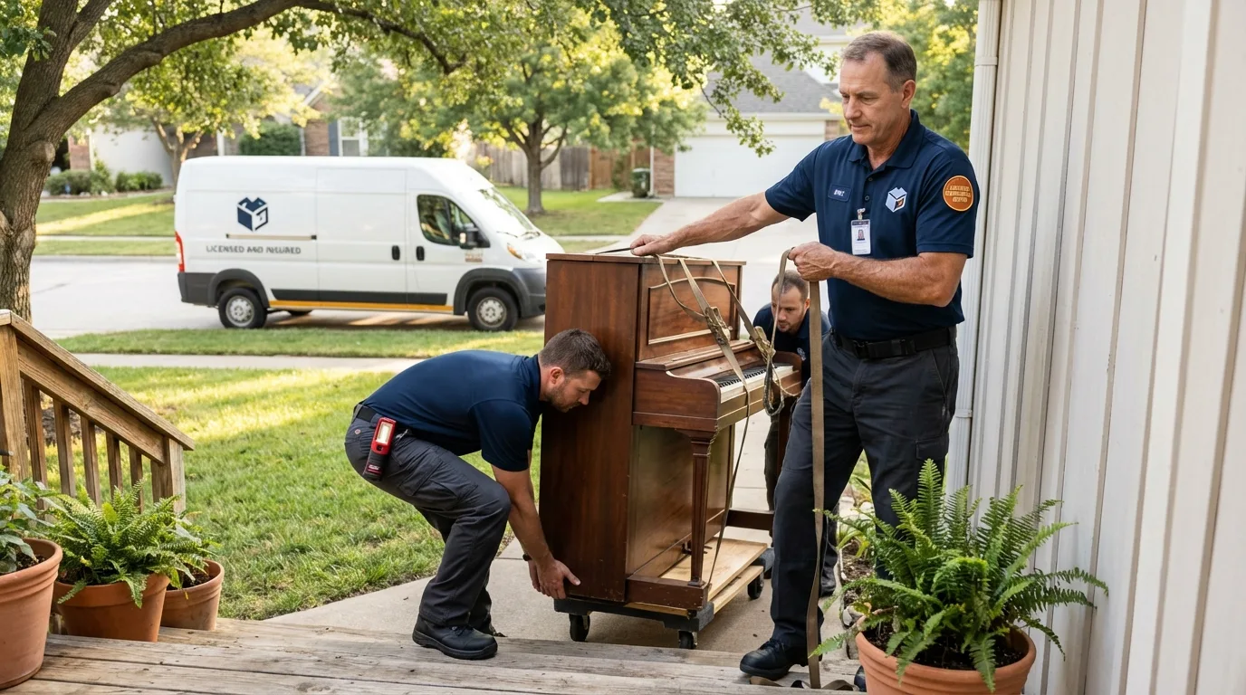 Licensed piano movers securing grand piano in Sturgis, KY